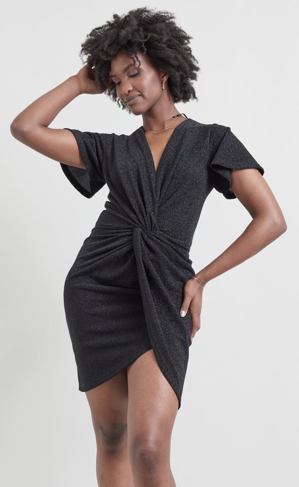 Glitter Knit Twist Wrap Dress Black