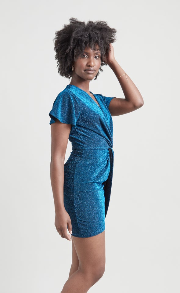 Glitter Knit Twist Wrap Dress Teal