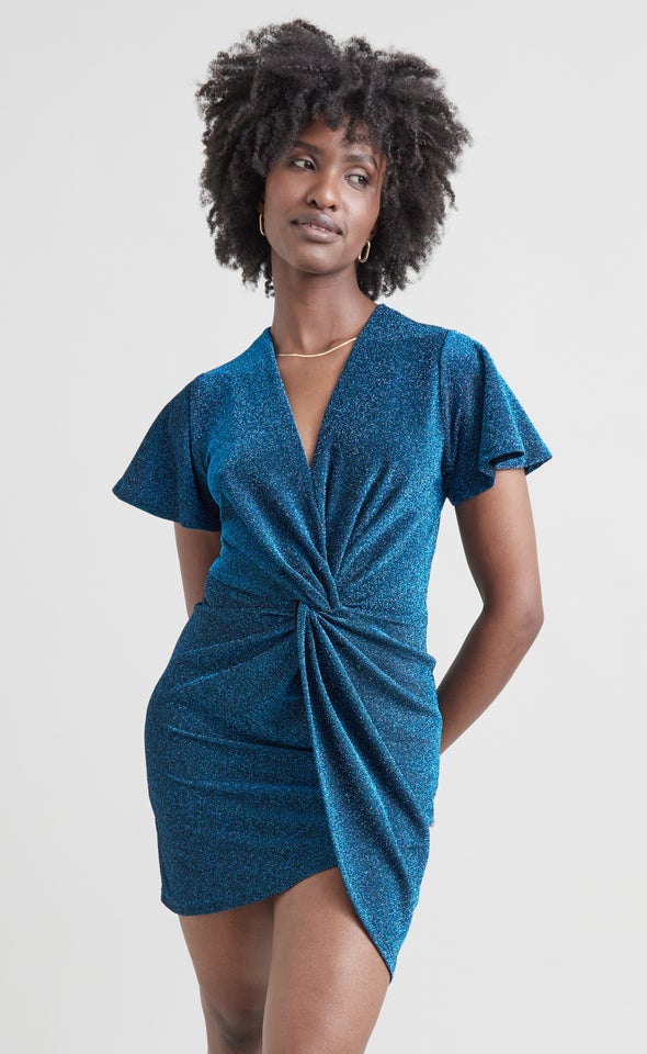Glitter Knit Twist Wrap Dress Teal