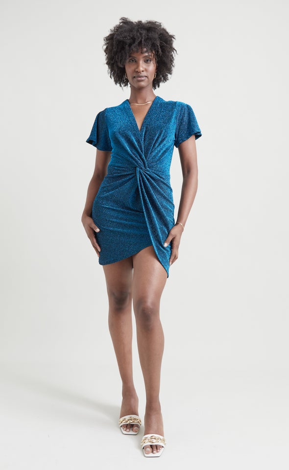 Glitter Knit Twist Wrap Dress Teal