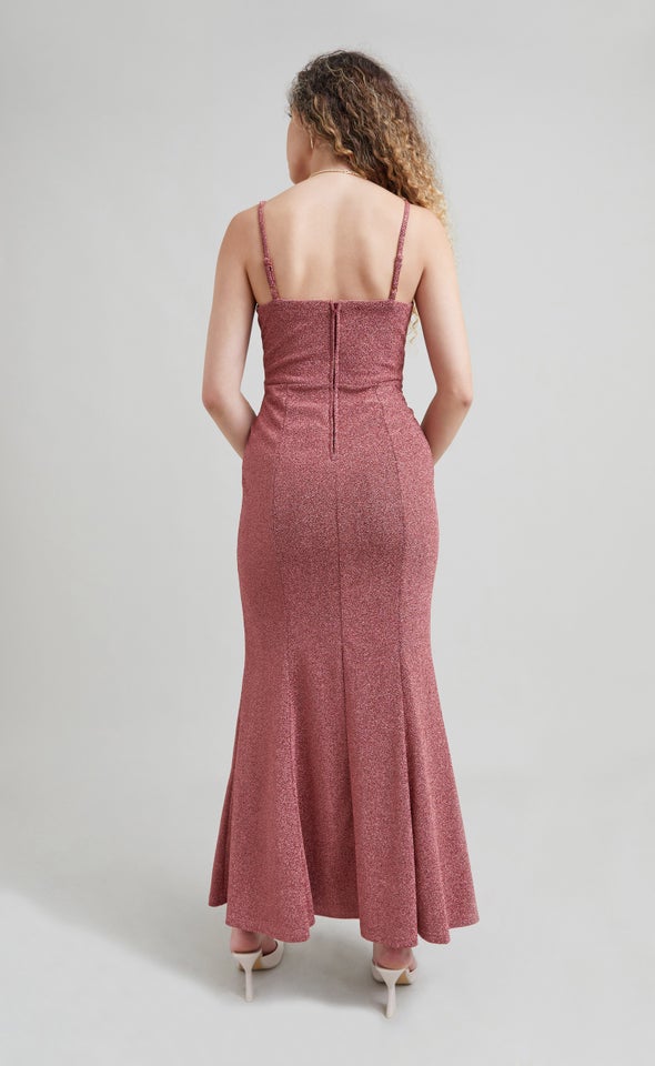 Glitter Knit Waist Detail Gown Pink