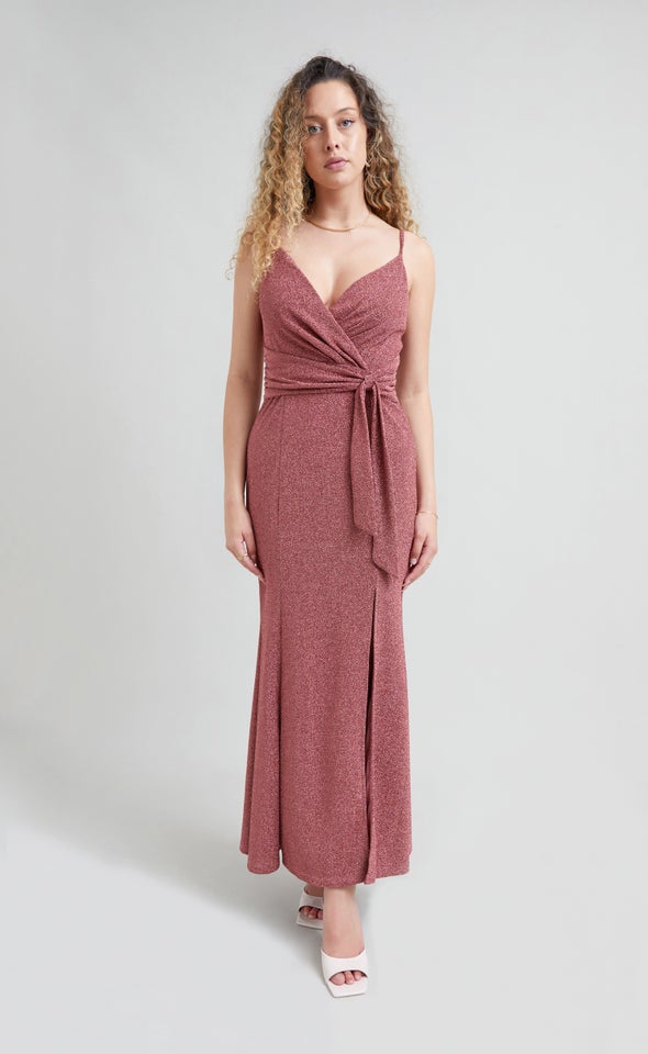 Glitter Knit Waist Detail Gown Pink