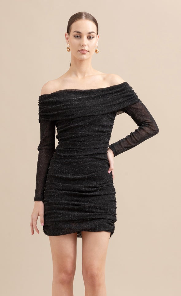 Glitter Mesh Bardot Sleeve Dress Black/silver