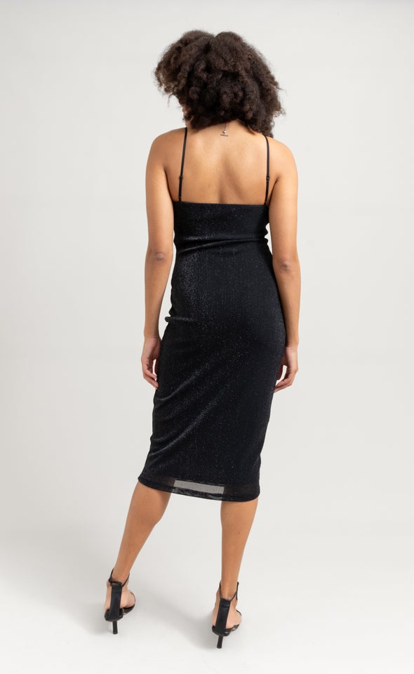 Glitter Mesh Cowl Midi Dress Black/silver