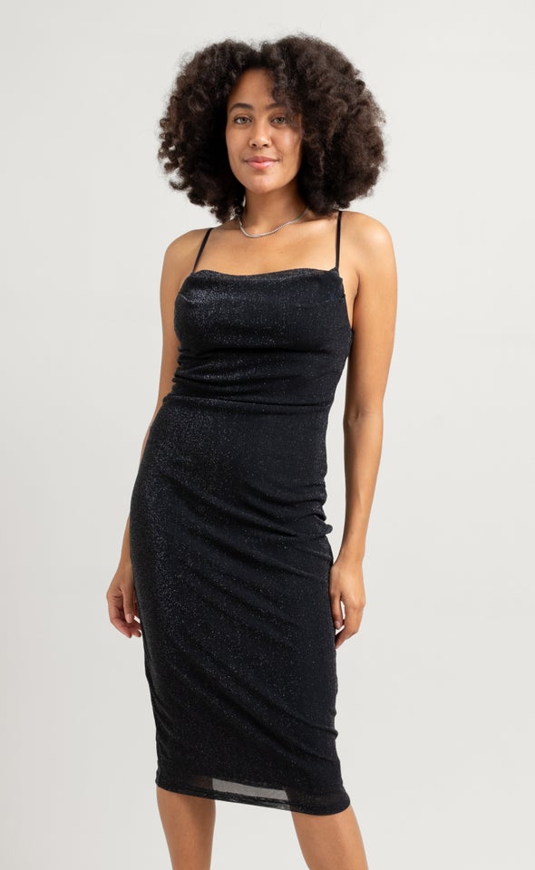 Glitter Mesh Cowl Midi Dress Black/silver