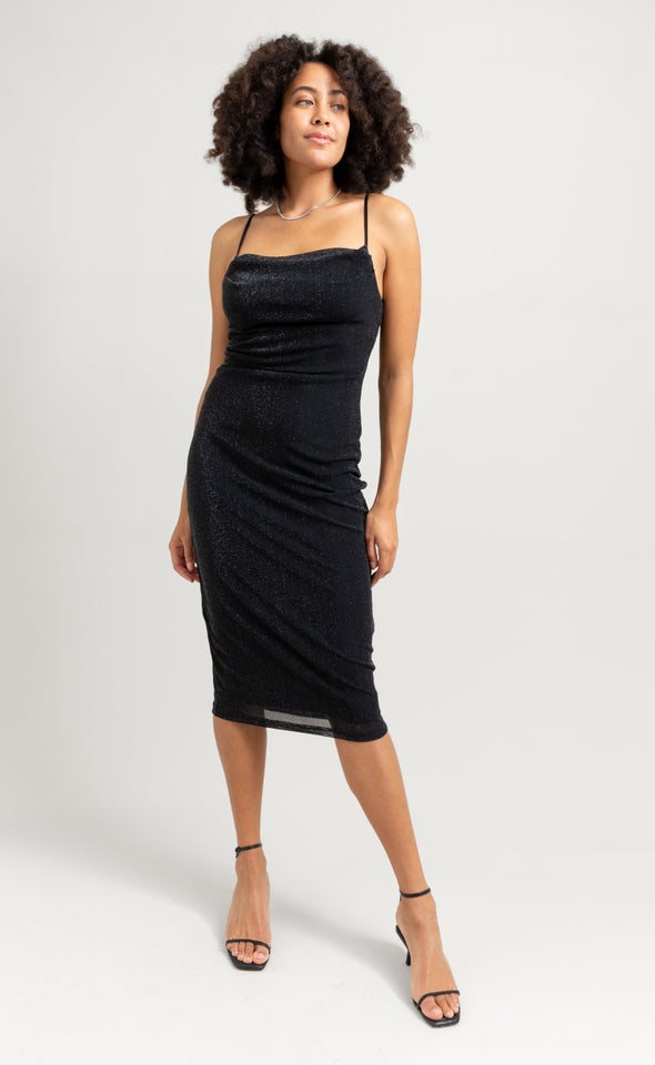 Glitter Mesh Cowl Midi Dress Black/silver