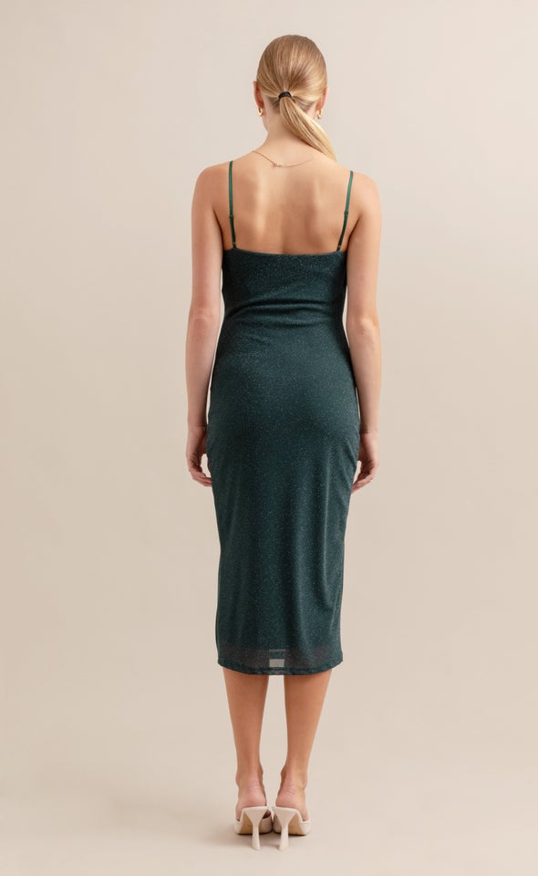 Glitter Mesh Cowl Midi Dress Emerald