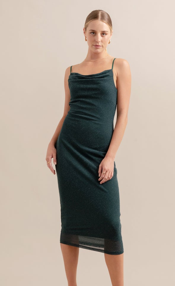 Glitter Mesh Cowl Midi Dress Emerald