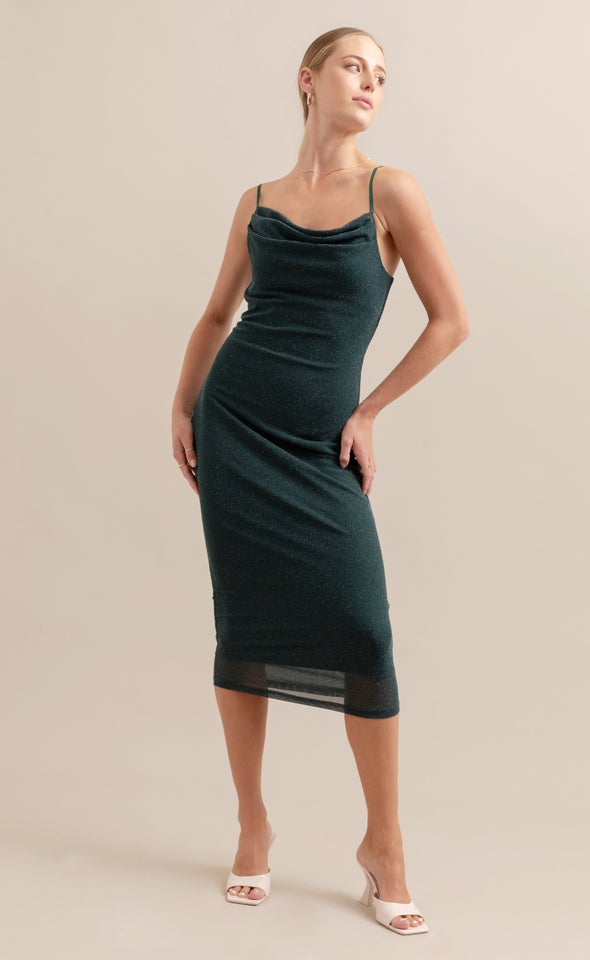 Glitter Mesh Cowl Midi Dress Emerald