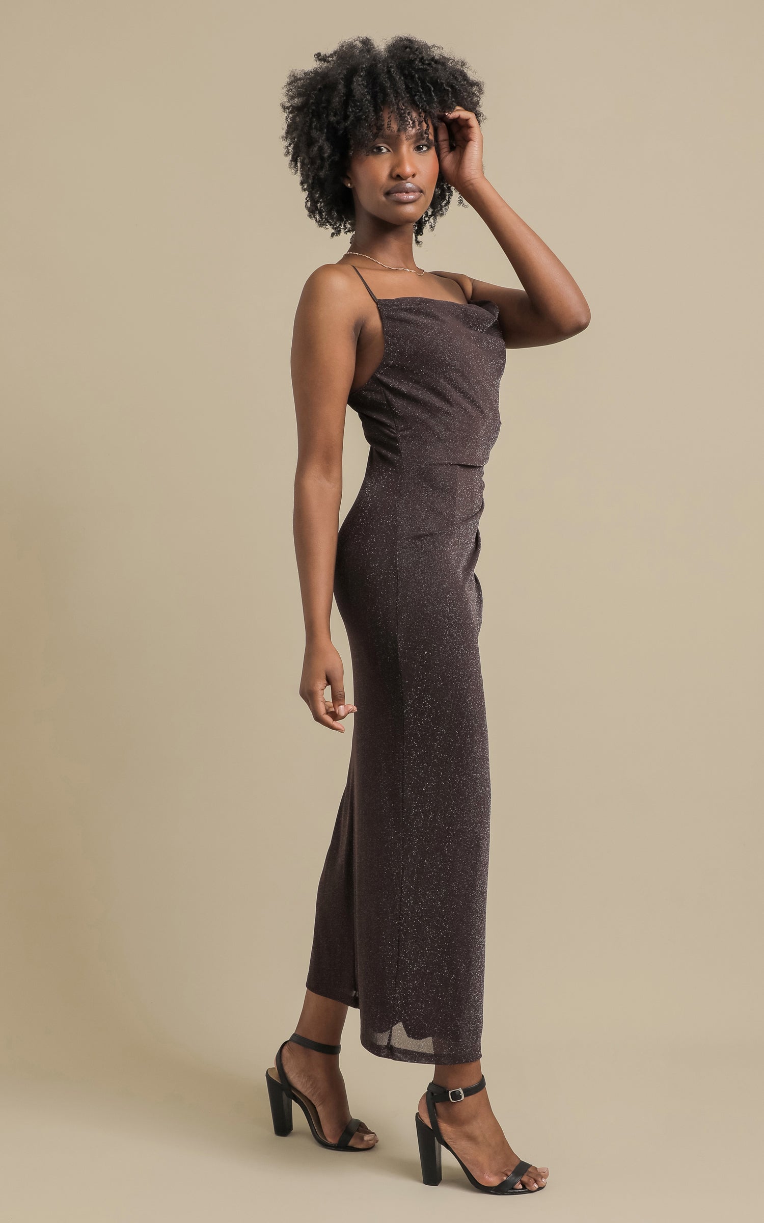 Shop our Glitter Mesh Cowl Neck Gown in Chocolate | Pagani