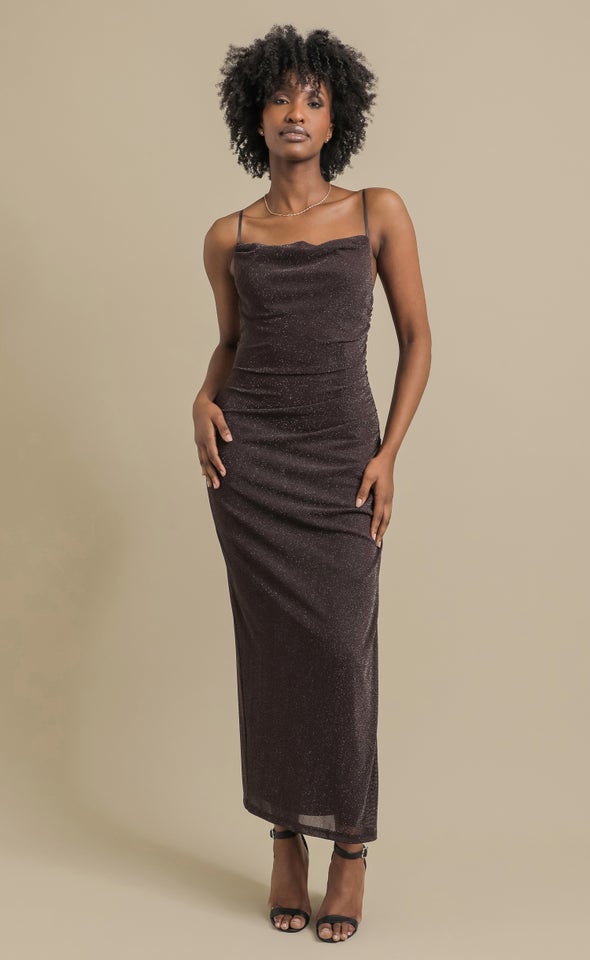 Glitter Mesh Cowl Neck Gown Chocolate
