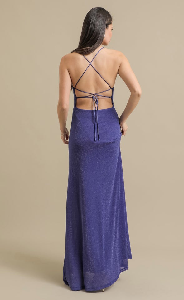 Glitter Mesh Cross Back Gown Blue