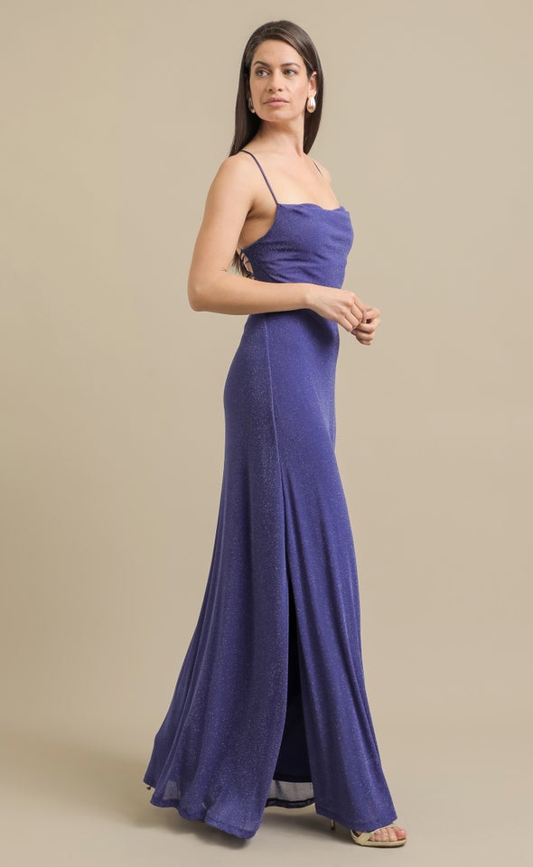 Glitter Mesh Cross Back Gown Blue