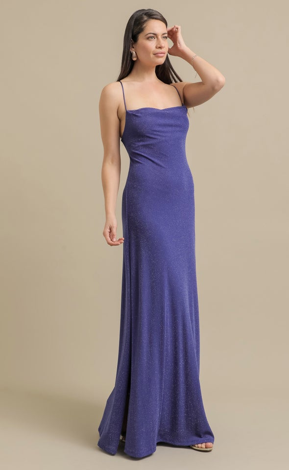 Glitter Mesh Cross Back Gown Blue