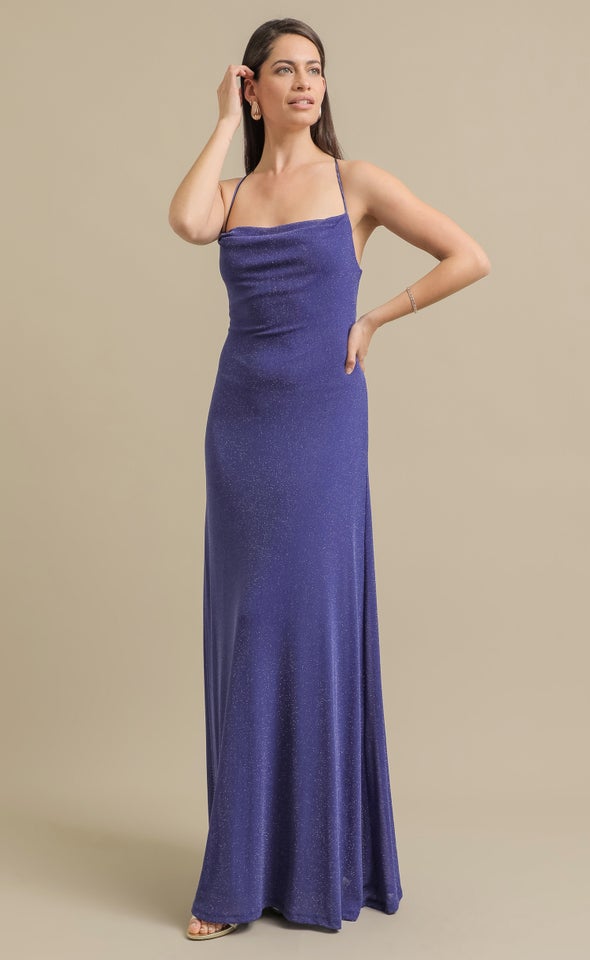 Glitter Mesh Cross Back Gown Blue