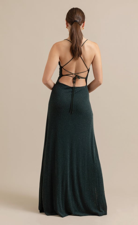 Glitter Mesh Cross Back Gown Emerald