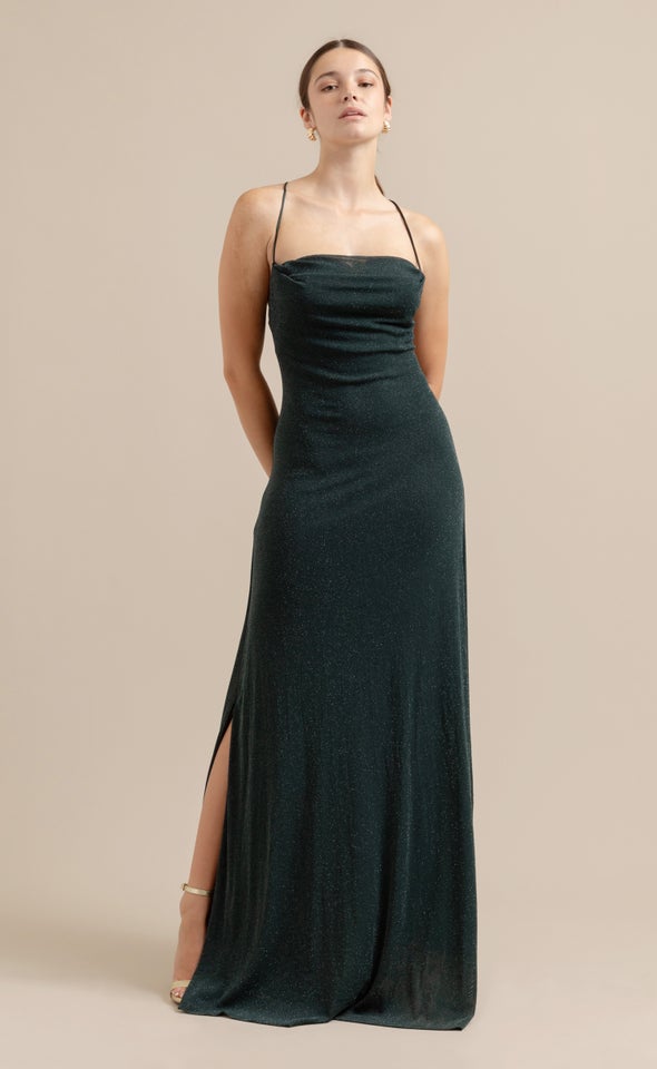 Glitter Mesh Cross Back Gown Emerald