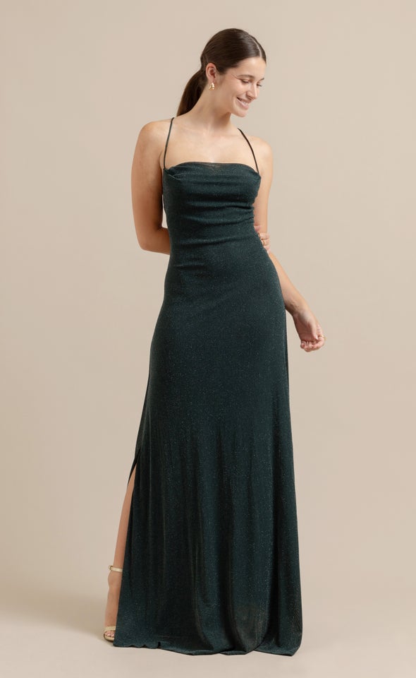 Glitter Mesh Cross Back Gown Emerald