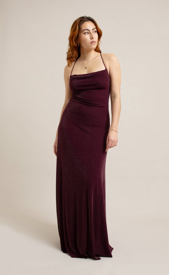 Glitter Mesh Cross Back Gown Merlot