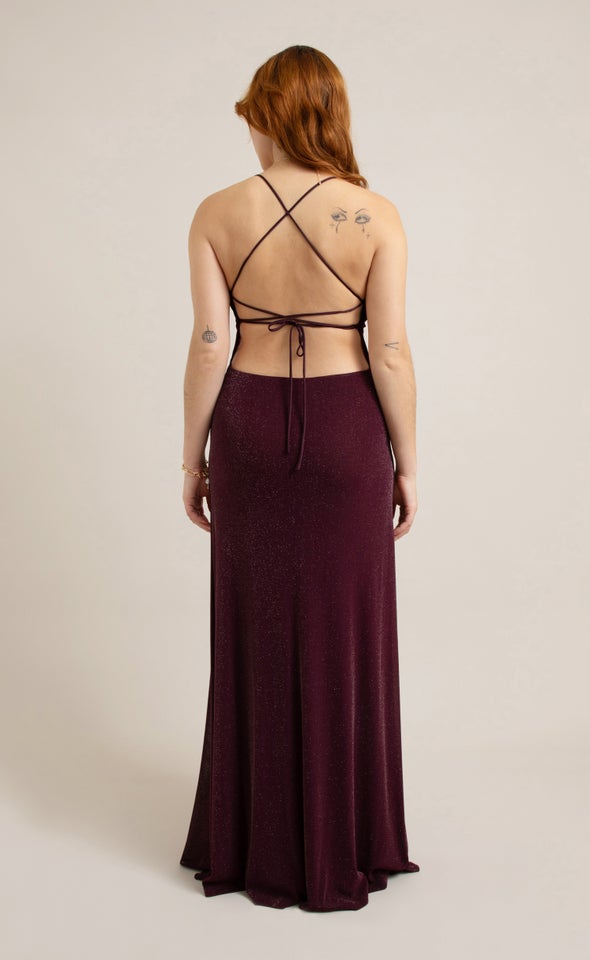 Glitter Mesh Cross Back Gown Merlot