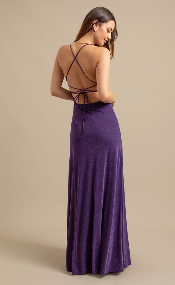 Glitter Mesh Cross Back Gown Purple