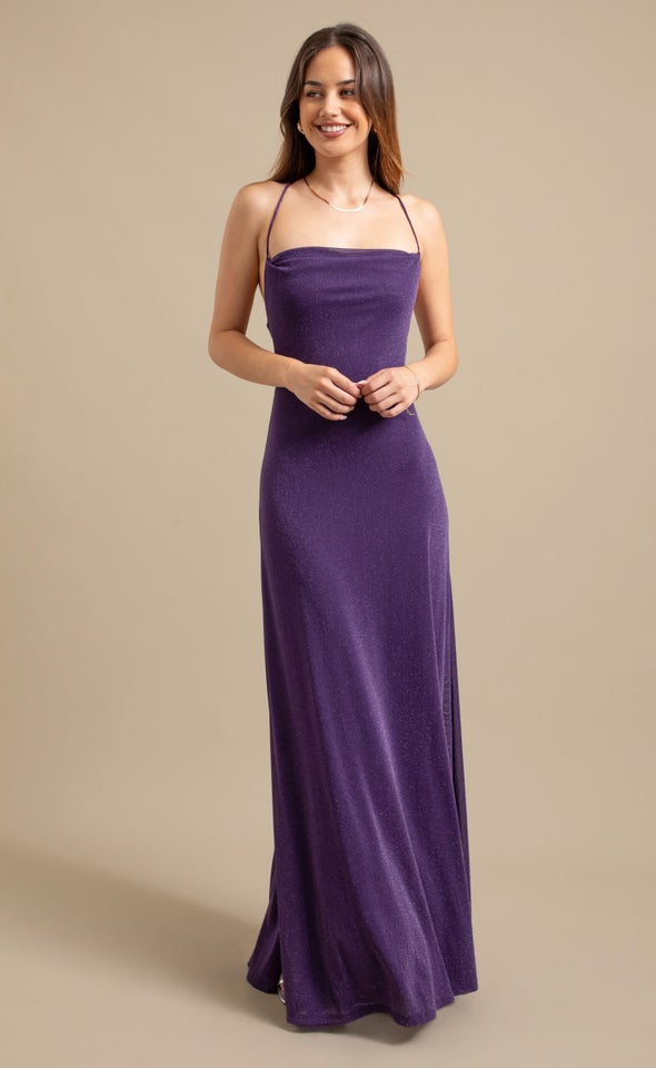 Glitter Mesh Cross Back Gown Purple
