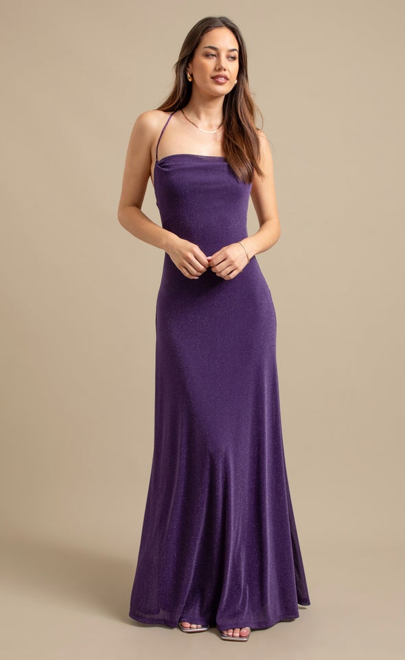 Glitter Mesh Cross Back Gown Purple