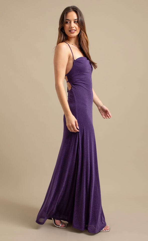 Glitter Mesh Cross Back Gown Purple