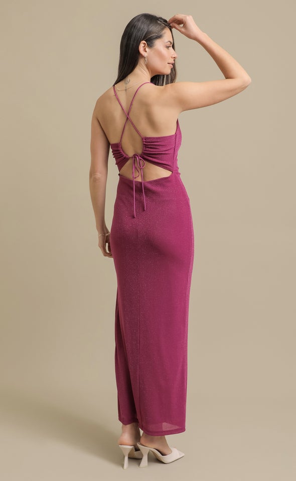 Glitter Mesh Cut-Out Back Gown Berry