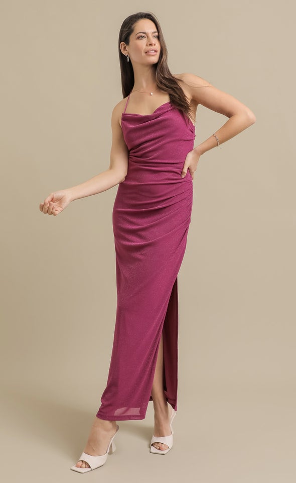 Glitter Mesh Cut-Out Back Gown Berry
