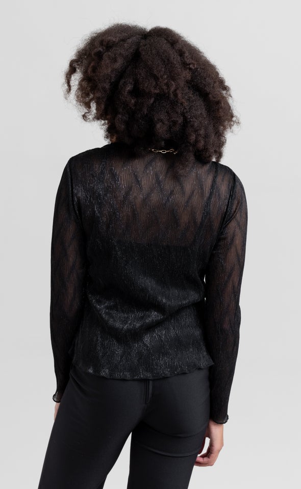 Glitter Mesh High Neck Top Black