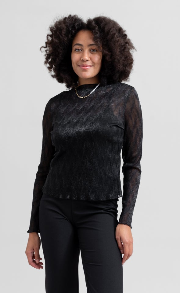 Glitter Mesh High Neck Top Black