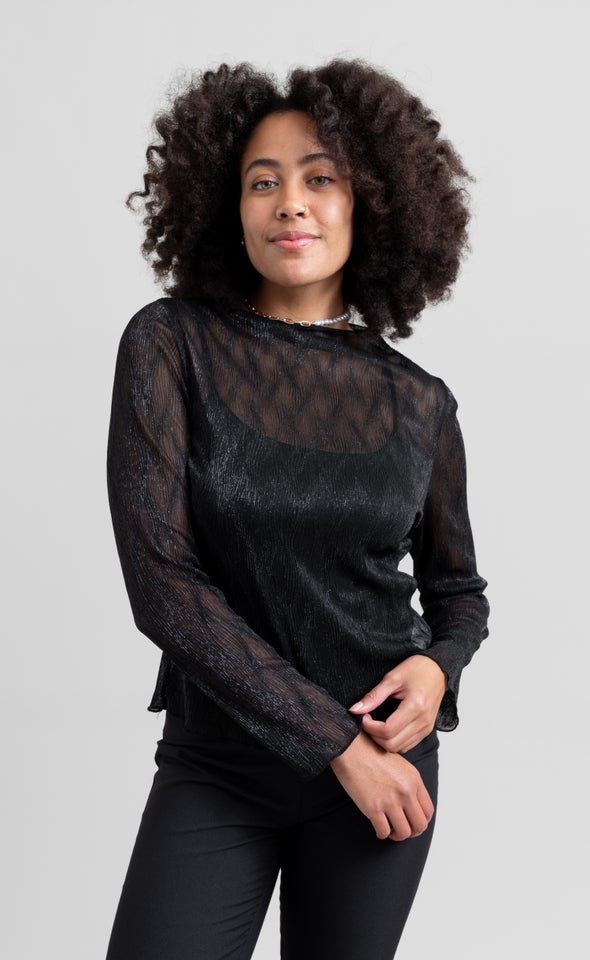 Glitter Mesh High Neck Top Black