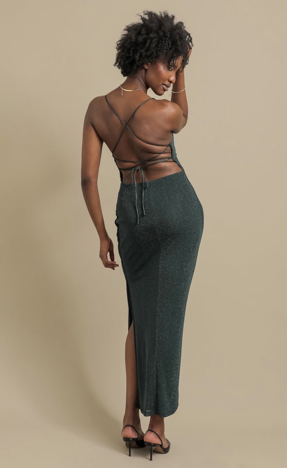 Glitter Mesh Open Back Gown Emerald