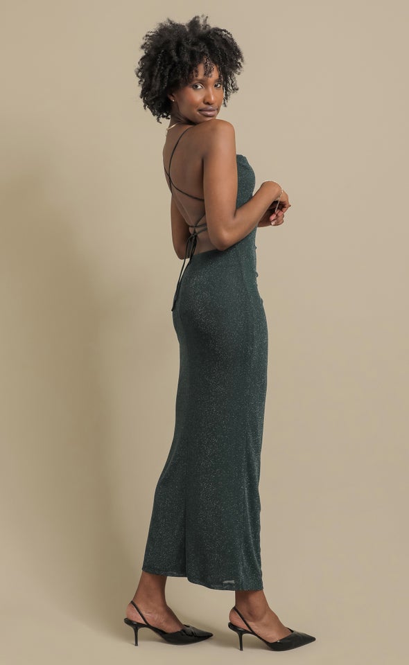 Glitter Mesh Open Back Gown Emerald