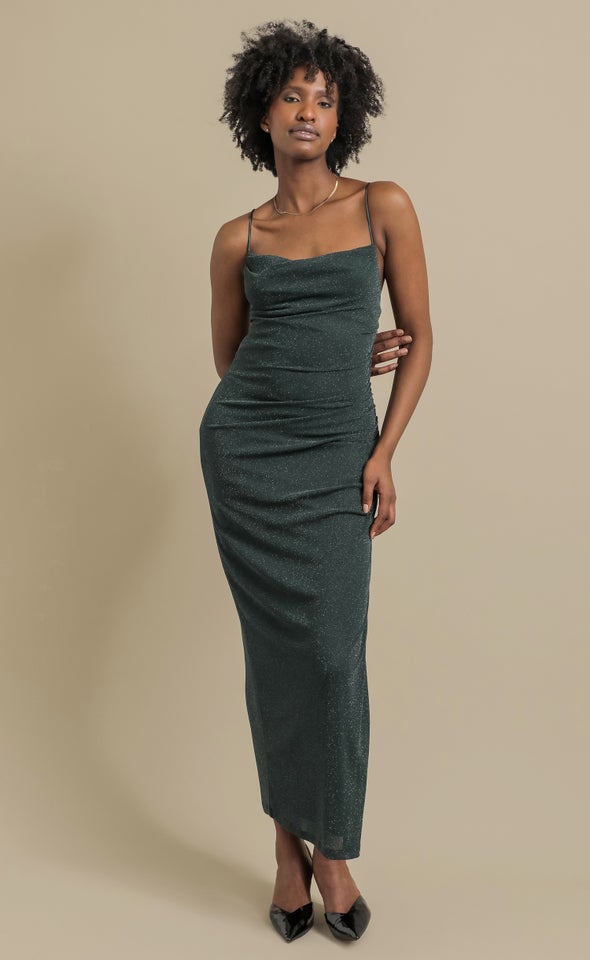 Glitter Mesh Open Back Gown Emerald