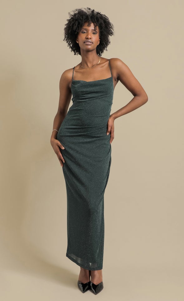 Glitter Mesh Open Back Gown Emerald