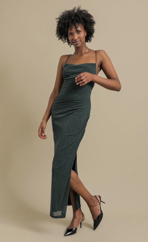 Glitter Mesh Open Back Gown Emerald