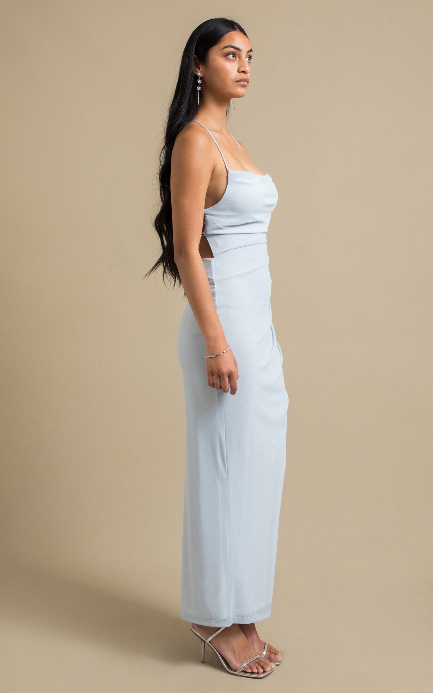 Shop our Glitter Mesh Open Back Gown in Ice blue | Pagani