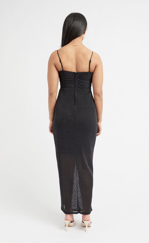 Glitter Mesh Ruched Gown Black/silver