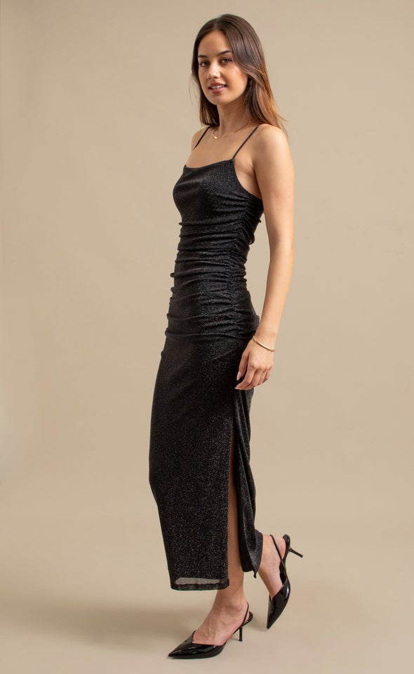 Glitter Mesh Ruched Gown Black/silver