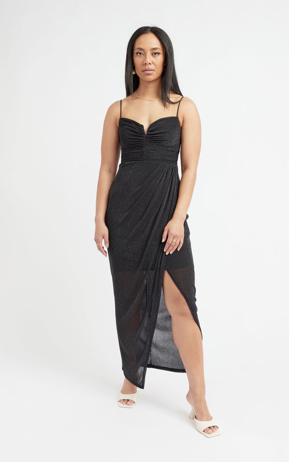 Glitter Mesh Ruched Gown Black/silver