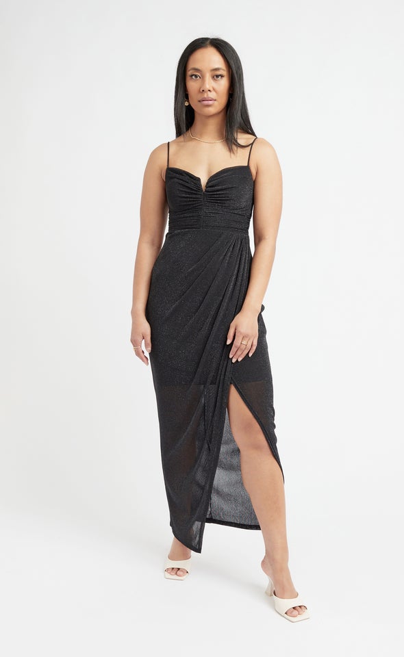 Glitter Mesh Ruched Gown Black/silver