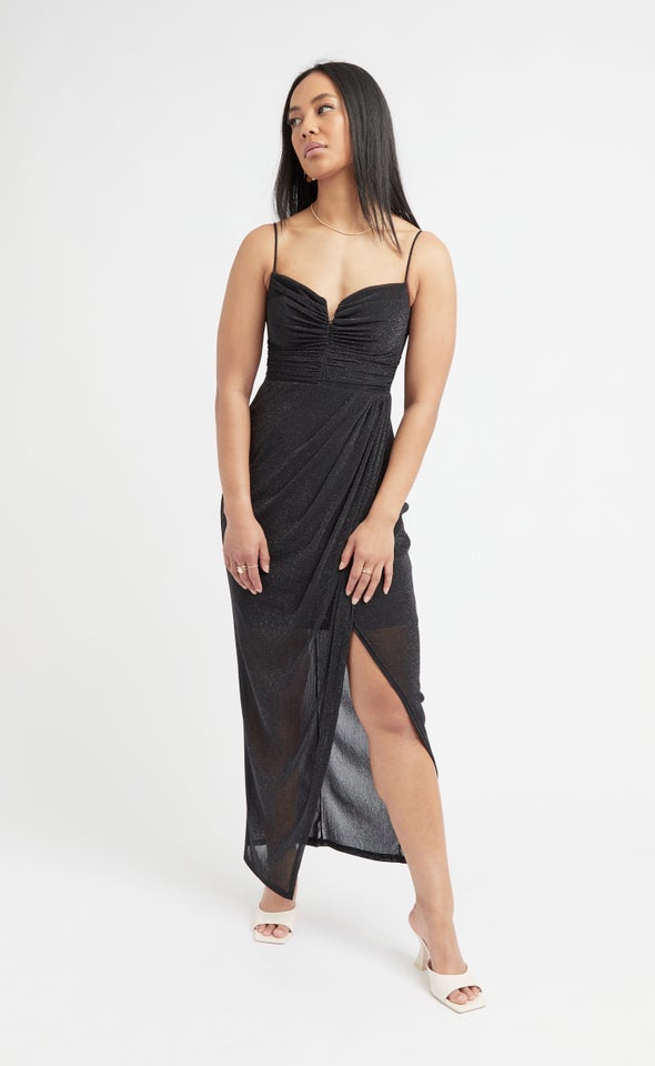 Glitter Mesh Ruched Gown Black/silver