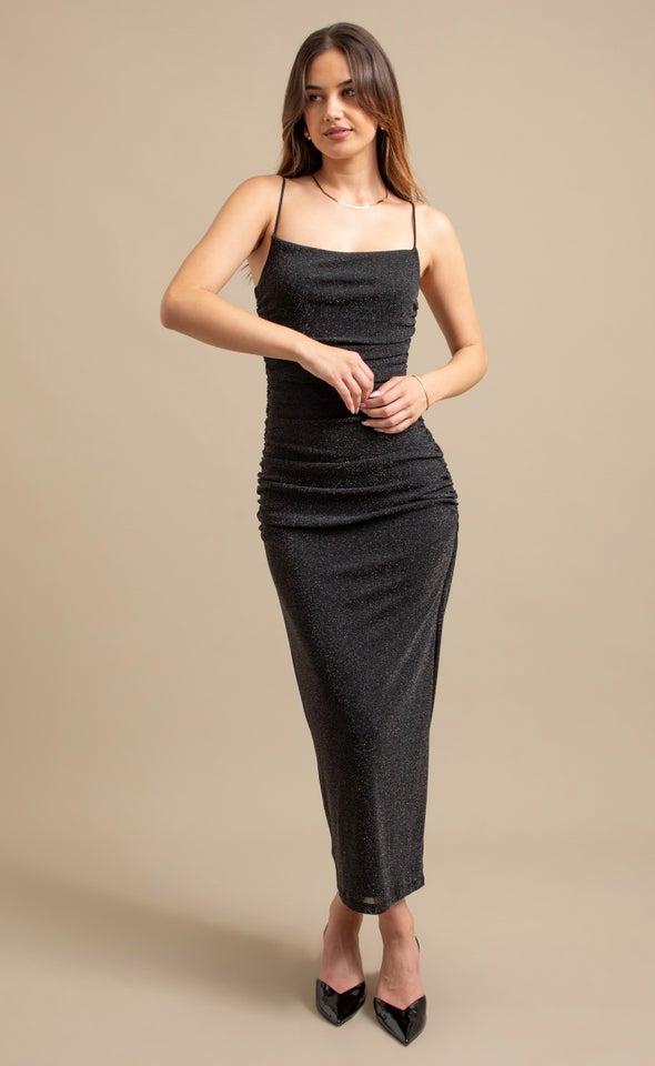 Glitter Mesh Ruched Gown Black/silver