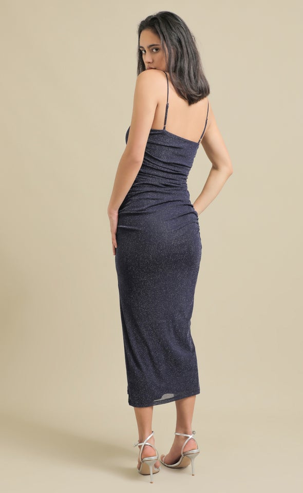 Glitter Mesh Ruched Gown Ink