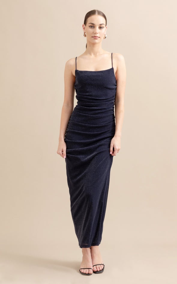 Glitter Mesh Ruched Gown Midnight