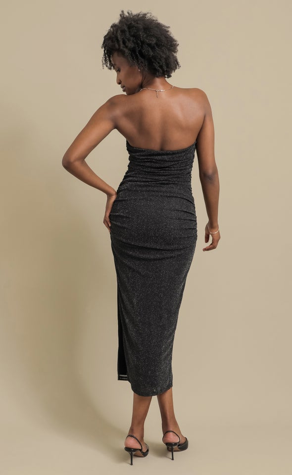 Glitter Mesh Ruched Strapless Dress Black/silver