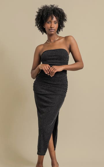 Shop our Glitter Mesh Ruched Strapless Dress in Black/silver | Pagani