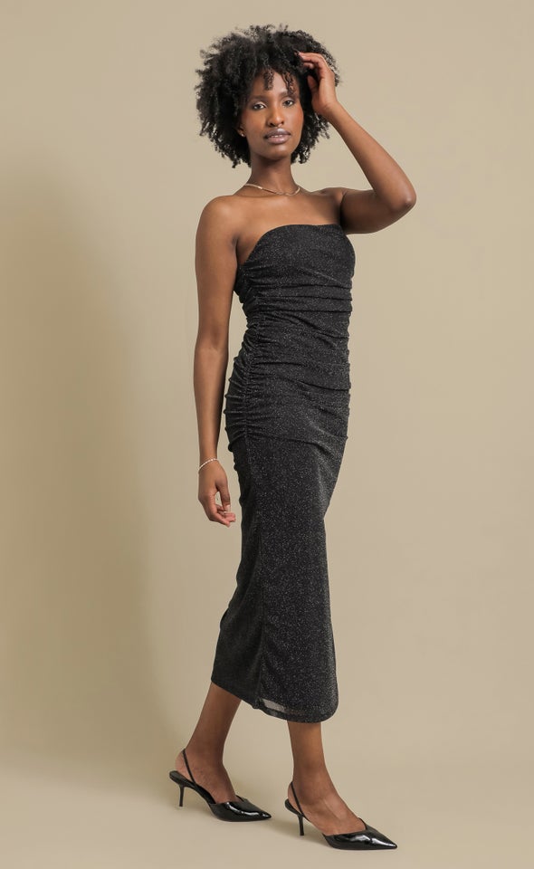 Glitter Mesh Ruched Strapless Dress Black/silver